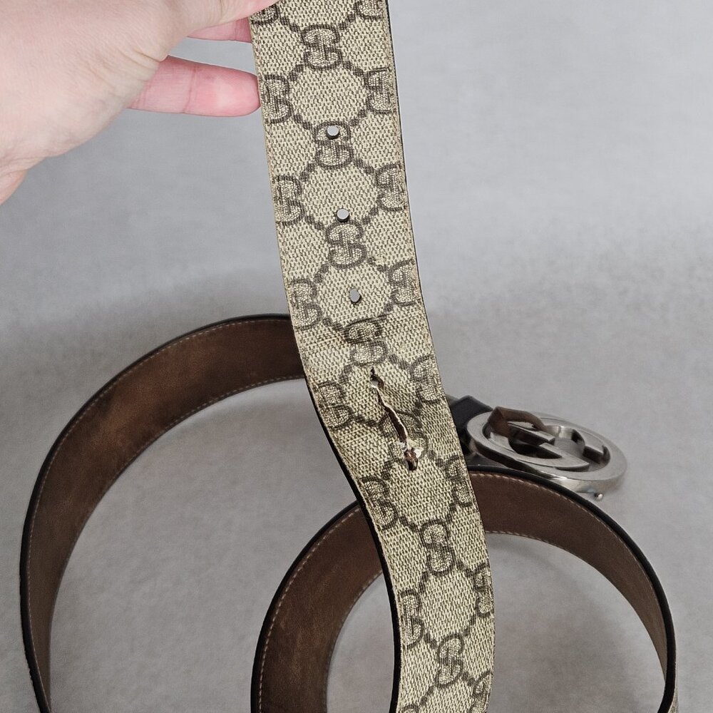 Men's Gucci Supreme GG Canvas Leather Belt 51 Inches Long 1.5" Wide 1 Tear - Picture 6 of 12
